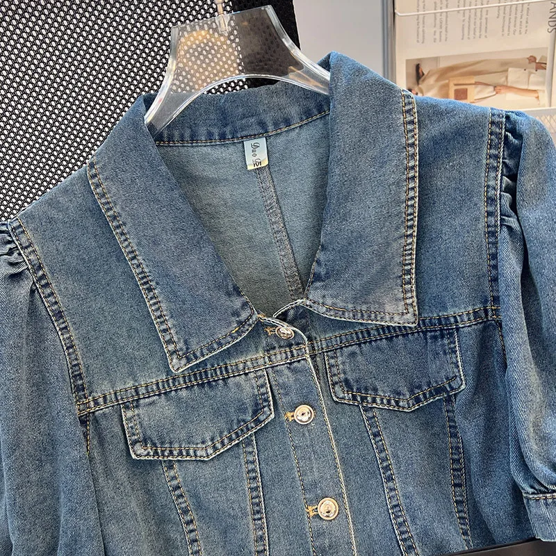 Kemeja denim lengan pendek, baju denim versi Korea longgar pinggang ramping musim panas untuk wanita