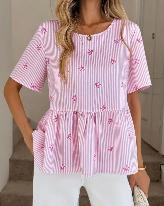 

Women's T-Shirt 2026 Summer New Fresh and Sweet Girl's Style Color Blocked Stripe Bow Printed Loose Short Sleeve T-Shirt Top