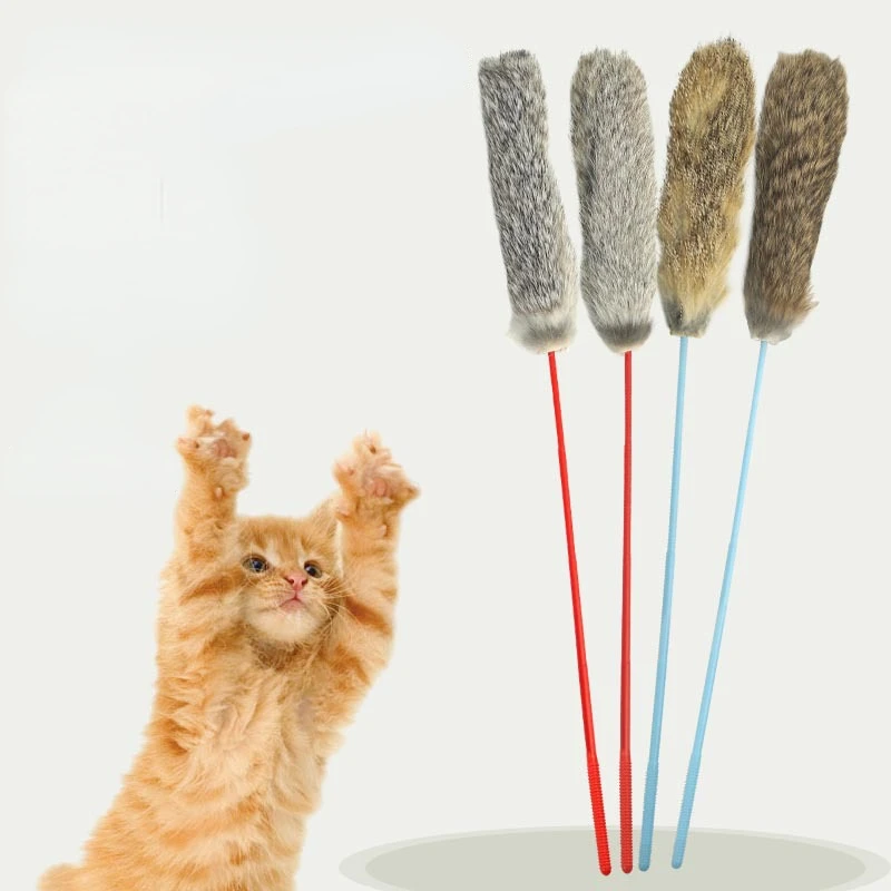 Random Color Tease Cat Stick Faux Rabbit Fur Pompom Plush Pet Interactive Stick Cat Playing Training Toys Pet Supplies