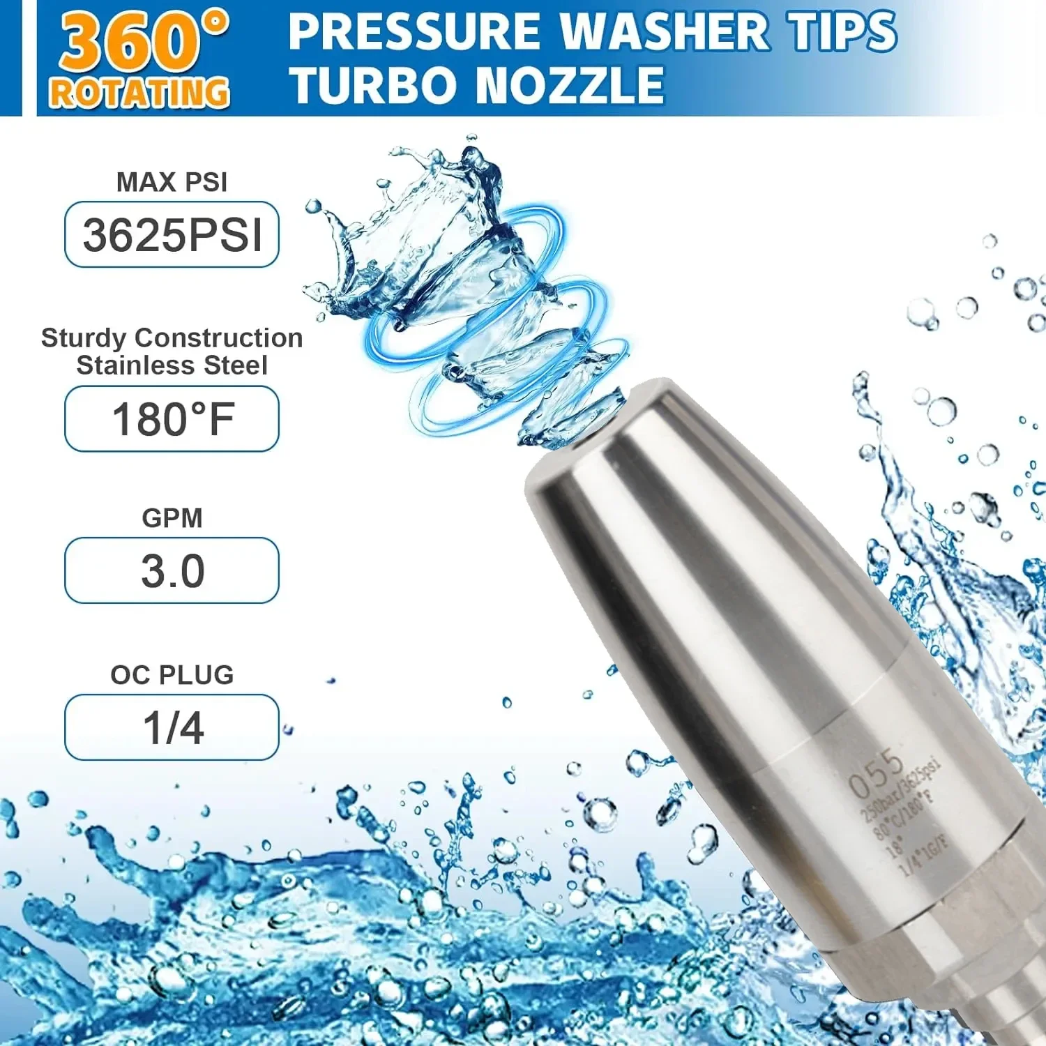 Turbo Nozzle for Pressure Washer Rotating for Hot and Cold Water with 1/4 Quick Connect Stainless Steel 3625 PSI