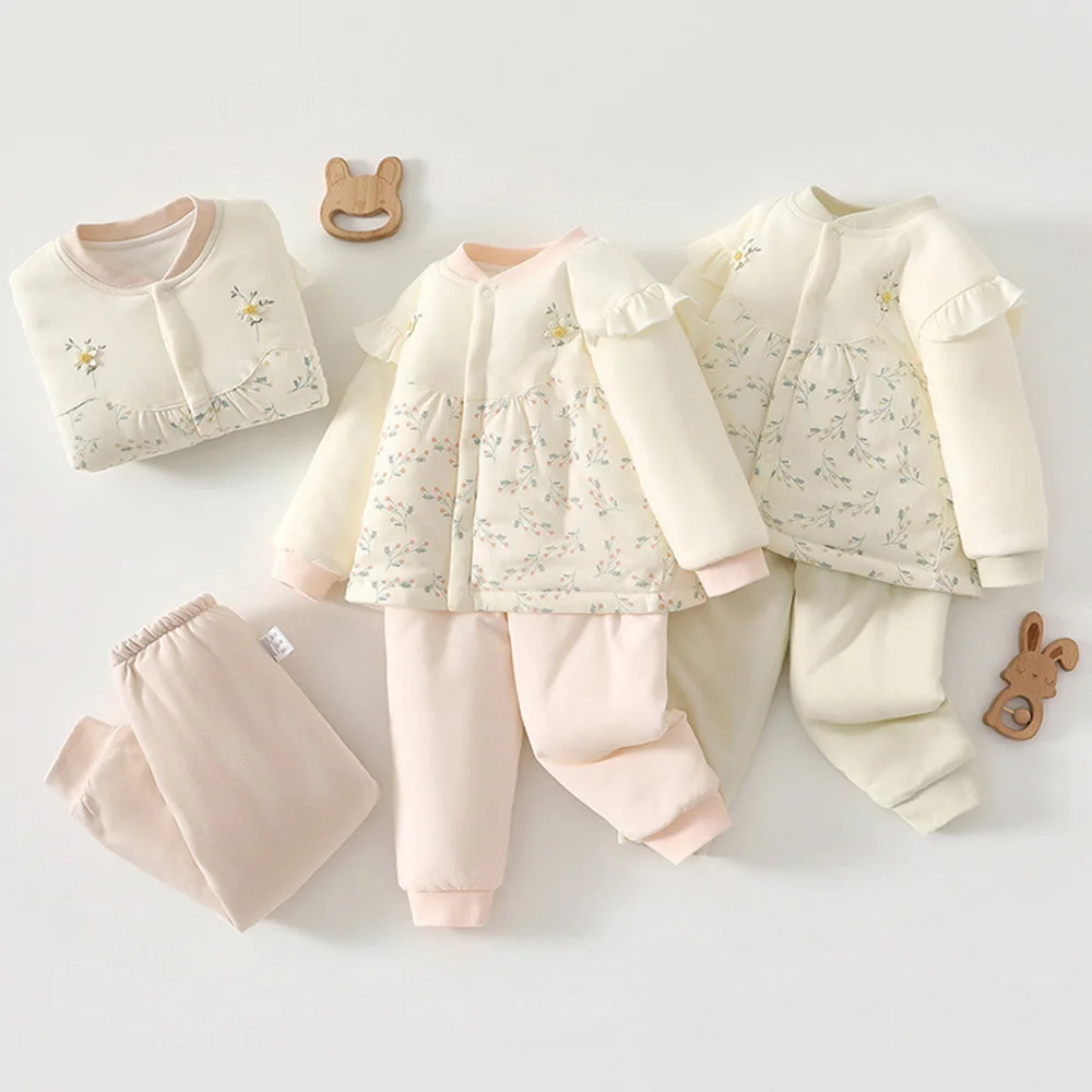 Girls Outfit Sets Baby Floral Ruffles Quilted Warm Autumn Winter Baby Christmas Outfit Boutique Infant Clothing New Arrival