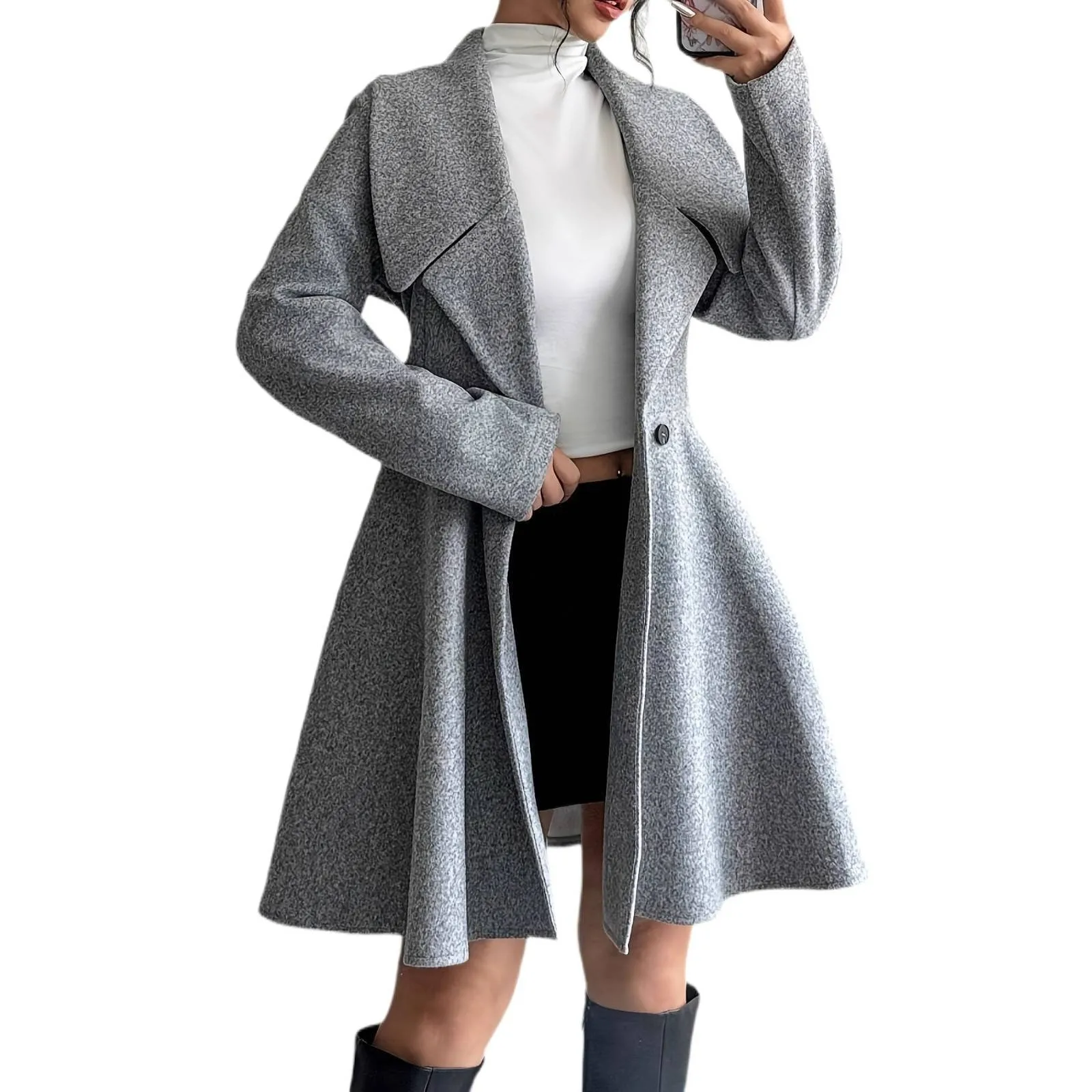 Medium Weight Long Sleeve Cape Regular Sleeve Elegant Style with Autumn Winter Long Length Collar Chic Professional Women Coat