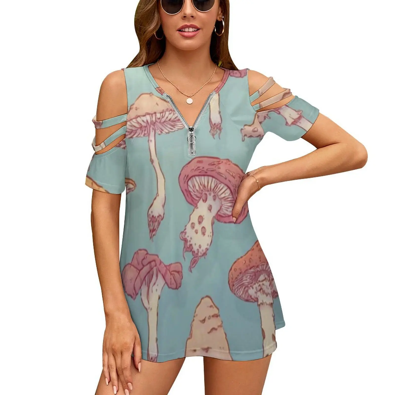 Champiñones nueva moda cremallera fuera del hombro Top de manga corta camisa de mujer Champignon setas planta de setas patrón de plantas naturales