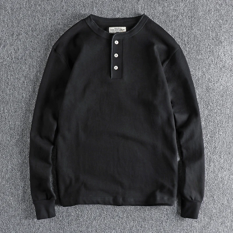 Amekaji Retro Double Yarn 100% Cotton Henry Collar Long Sleeve T-shirt for Men Solid Color Basic Versatile Daily Youth Tees Tops