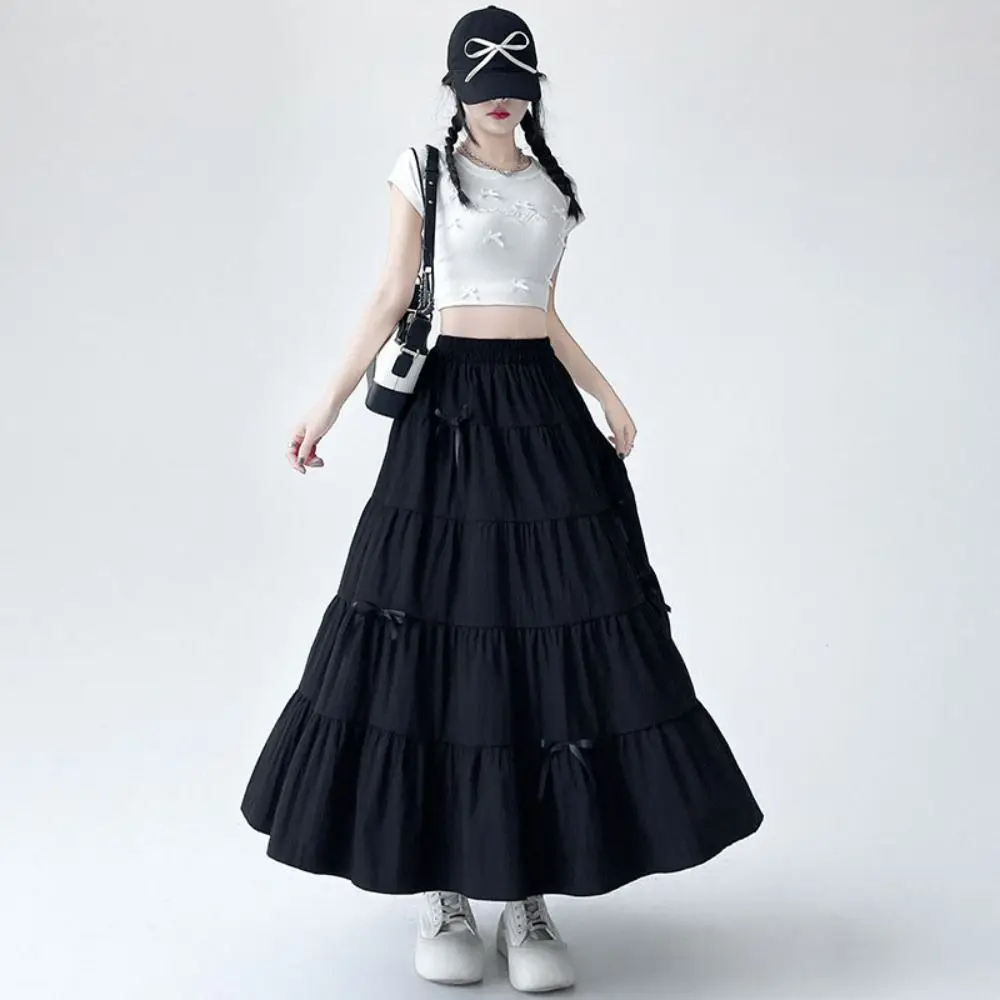 

Vintage Bowknot Tiered Midi Skirt Hight Waist Pleated Long Cake A-line Skirts Korea Style Chic Seven Point Long Dress Girl