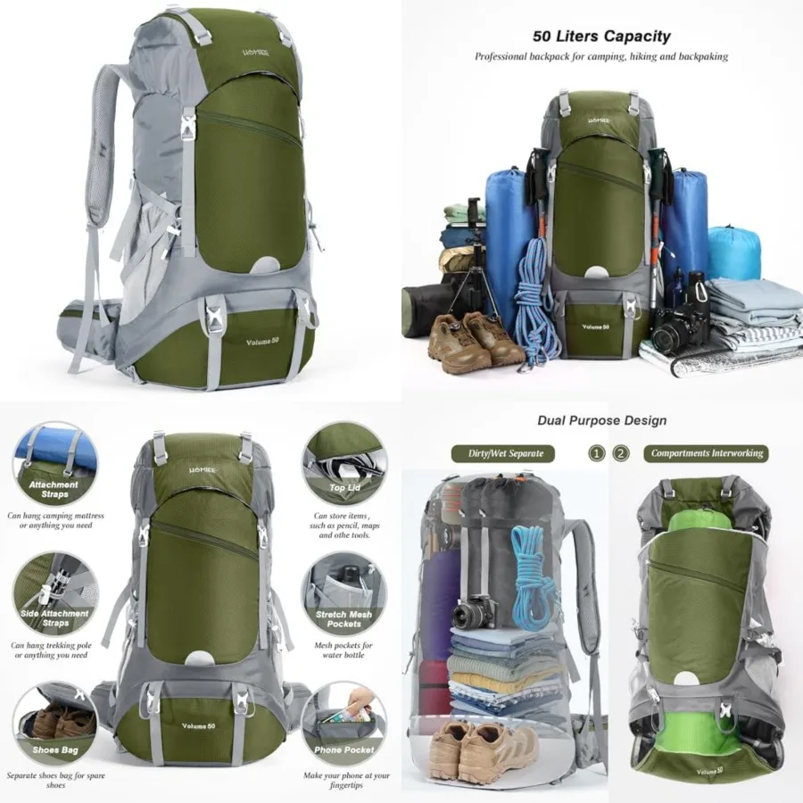 

50L Hiking Backpack Travel Bag Waterproof Camping Rucksack with Rain Cover Lightweight Backpacking Backpack