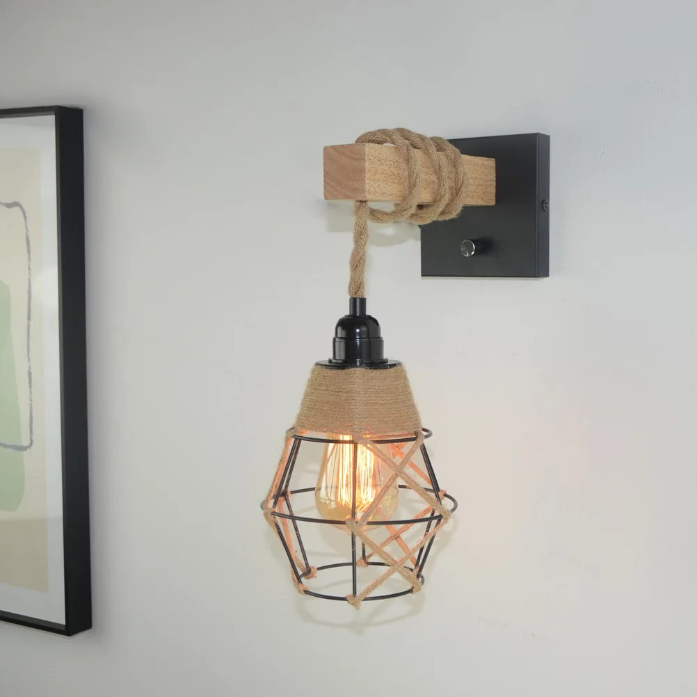 American Retro Hemp Rope Wall Lamp Loft Industrial lighting Wood Bedside Aisle Study Bar terrace  veranda wall fixture lighting