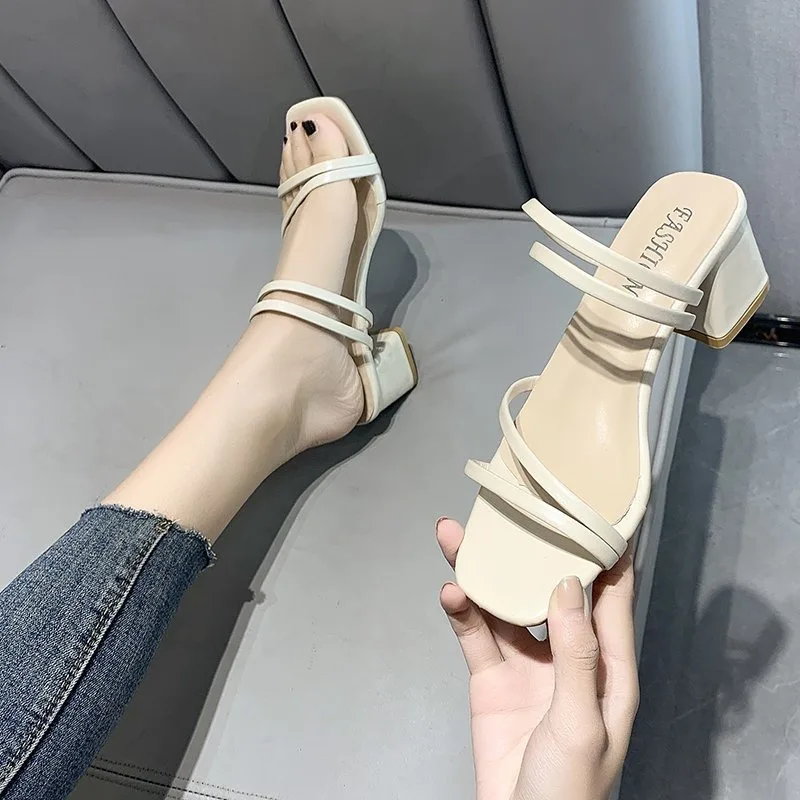 Summer Sandals Medium Low Heel Women Dress Shoes Dresses Elegant Party Plastic Pink Heels Black Fashion 2023 Block Comfortable