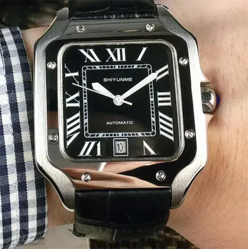 ساعة رياضية ميكانيكية من الفولاذ المقاوم للصدأ مربعة بمينا روماني جلد أسود عالي الجودة ساعة أوتوماتيكية للرجال متجر WATCH1