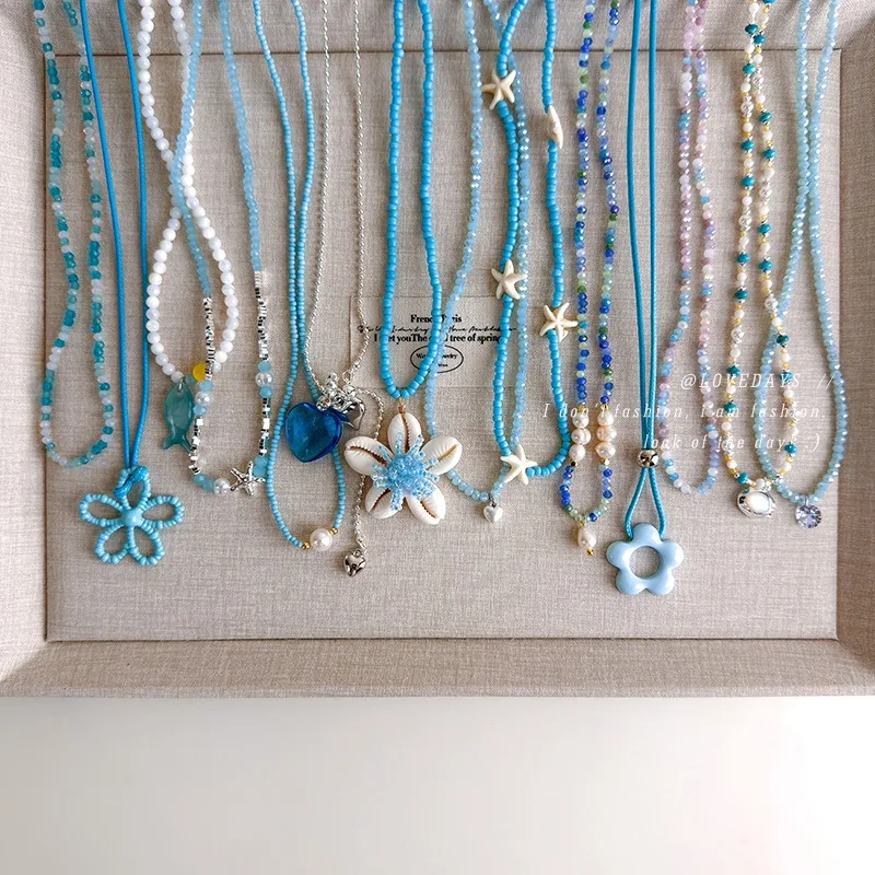 Summer Blue Beaded Shell Pendant Necklace Women Vacation Style Fashion Clavicle Chain Elegant Design Daily Beach Jewelry Gifts
