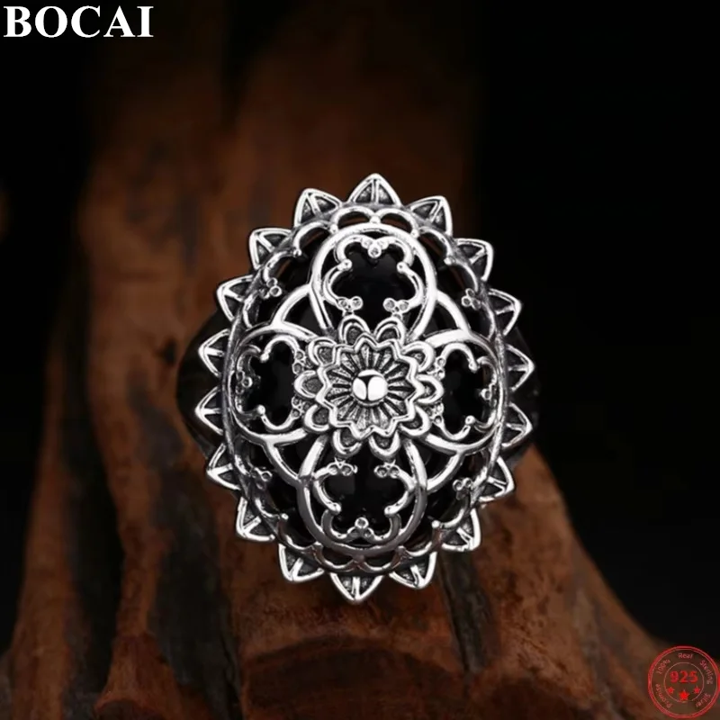 BOCAI S925 Sterling Silver Rings for Men Retro Hollow Eternal Rattan Flowers Inlaid Oval Agate Fashion Punk Jewelry ﻿Wholesale