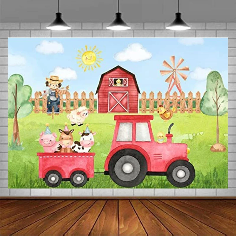 Farm Red Barn Photography Backdrop For Kids Birthday Party Decoration Cartoon Animals Tractors Baby Shower Background Banner