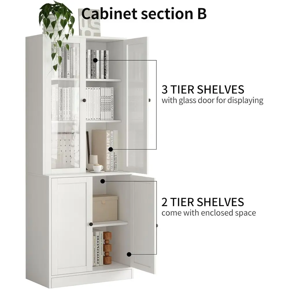 71 Tall 5-Tier Bookshelf with Glass Door Cabinet for Home Office or Living Room, White - view 4