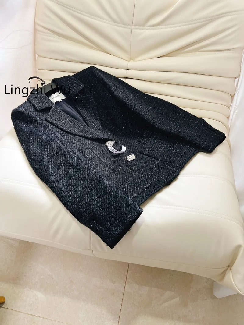 Lingzhi Wu-Black Diamond Bottons casaco para senhoras, outerwear elegante feminino, vintage francês, qualidade superior, nova chegada, primavera 2021