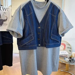 Korean Commute Summer New Women's Round Neck Spliced Contrast Color Fake Two-piece Button Loose Casual Short Sleeve T-shirt Tops