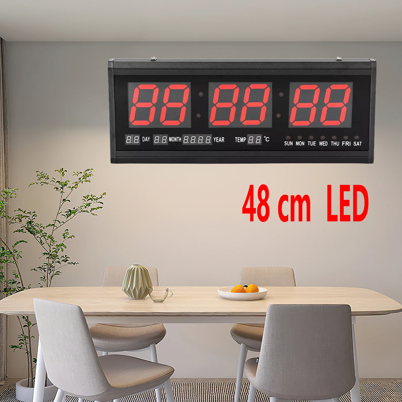 Digital LED Wall Clock, 48cm x 19cm Oversize Wall Clock with Big Numbers, Alarm Clock (Red & Black)