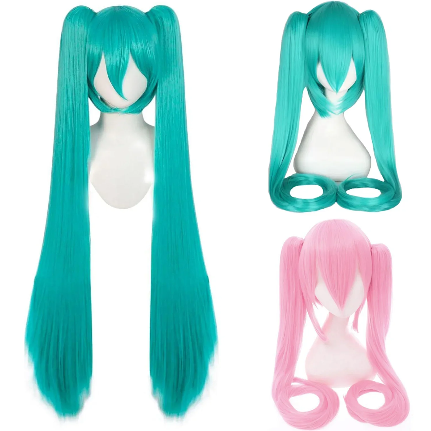 110cm Hatsune Miku Cosplay Wig Anime Long Synthetic Hair Clips 2 Ponytails Lolita Wig for Halloween