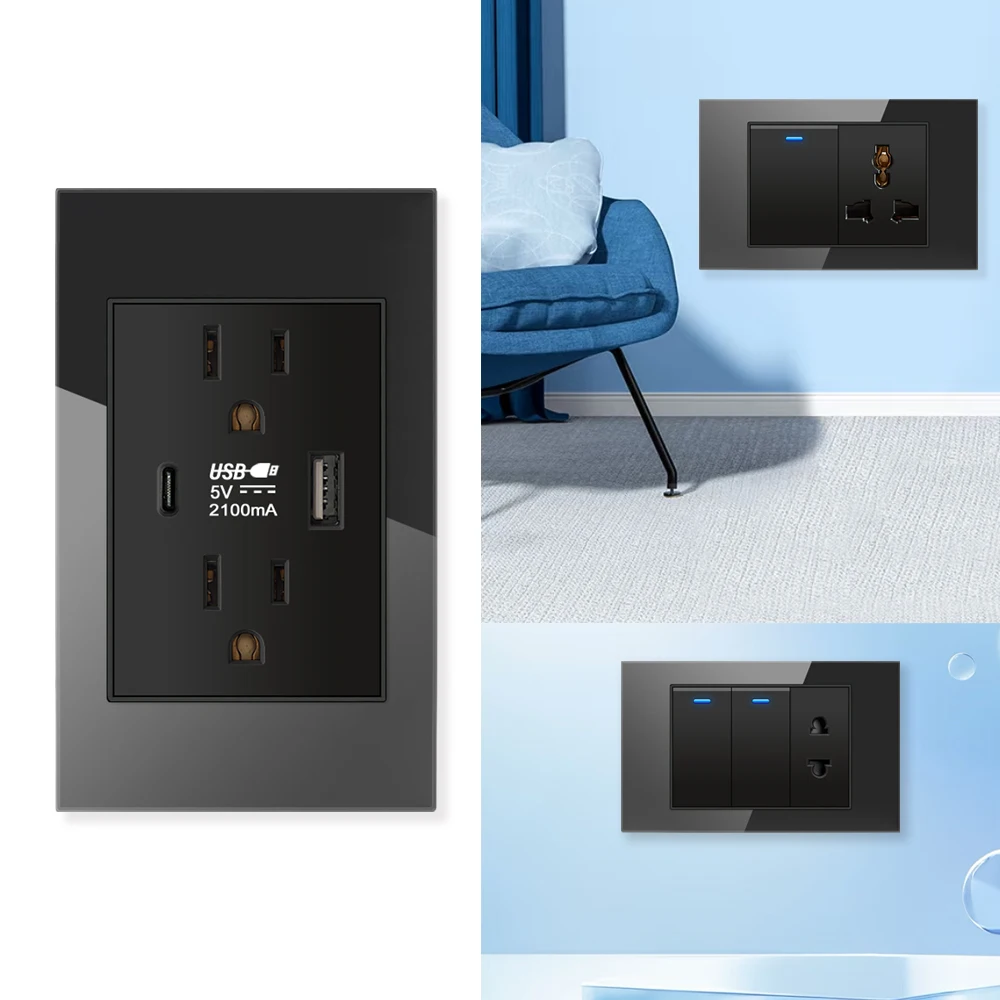 Picture 7: 118 Type Tempered Glass Panel Wall LED Switch US Thai Standard USB Type-C 20W Fast Charging Power Outlet Wall Universal Socket