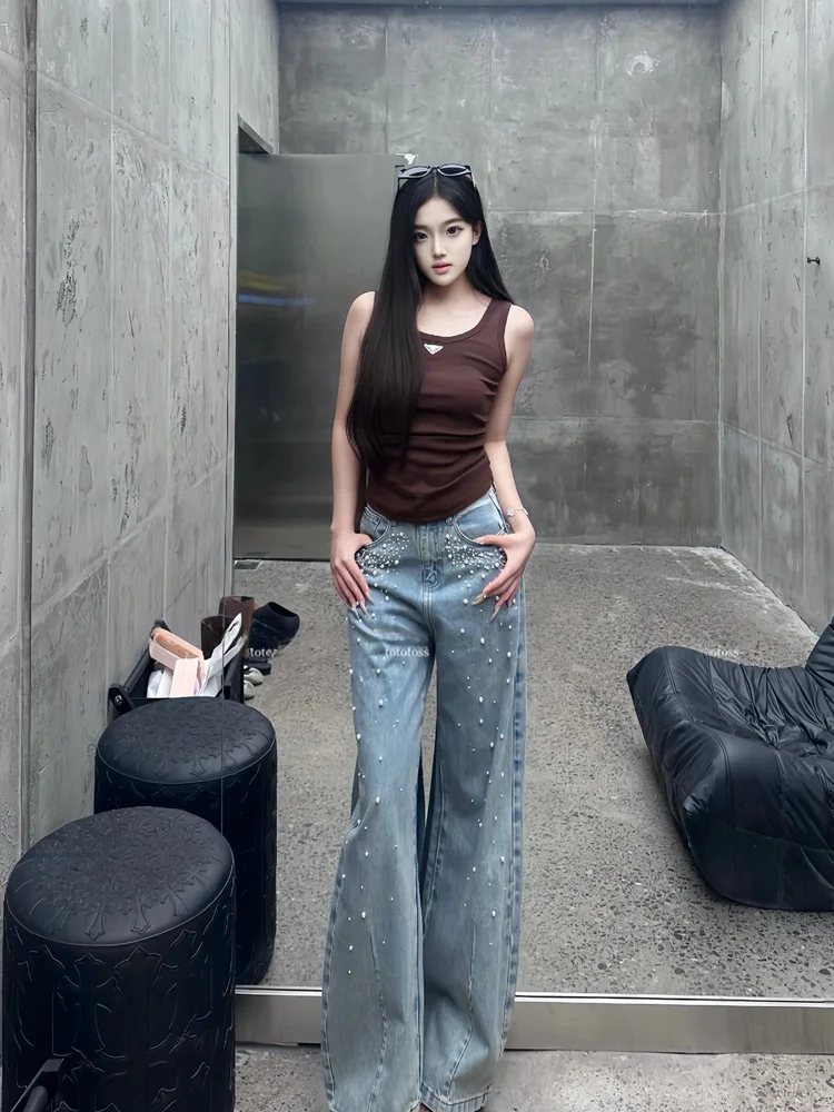 

High Waist Wide Leg Jeans Women's Loose Fit Straight Leg Jeans Diamond Pearl Bend Knife Jeans Casual Cotton Zipper Autumn