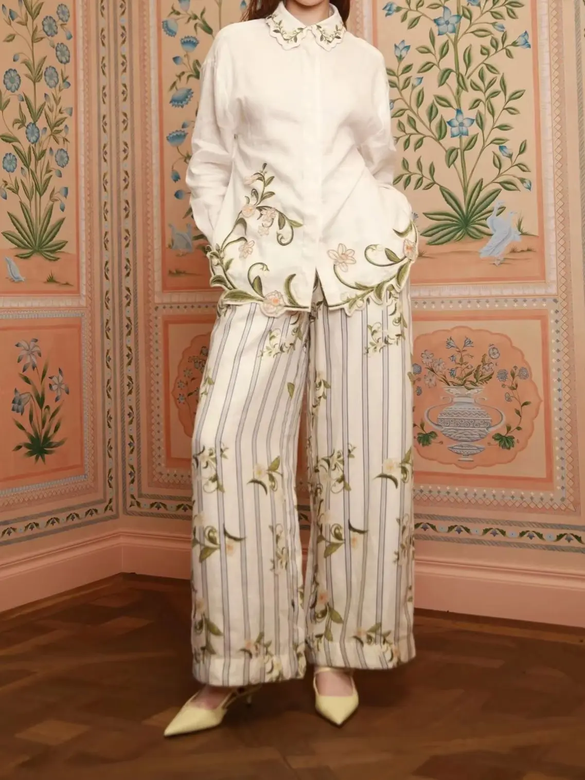 Conjunto de 2 Piezas de Lino para Mujer, Pantalones Anchos con Estampado Floral a Rayas + Camisa de Manga Larga con Bordado de Flores y Cierre de un Solo Botón
