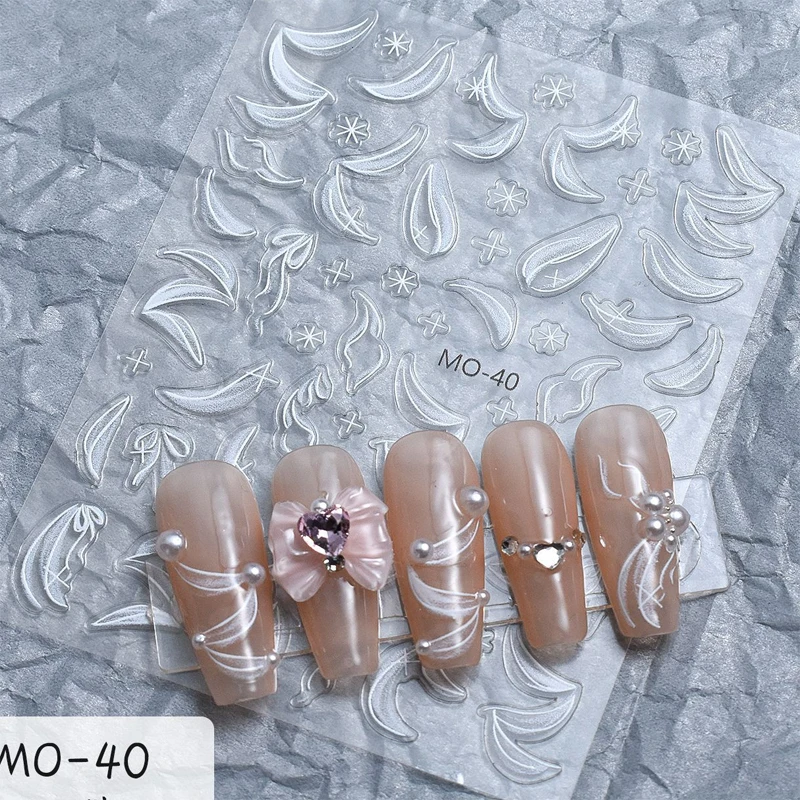 

5d Emboss Nail Art Stickers Semi-transparent White Ribbons Stars Adhesive Sliders Nail Decals For Manicure Tips Accessories