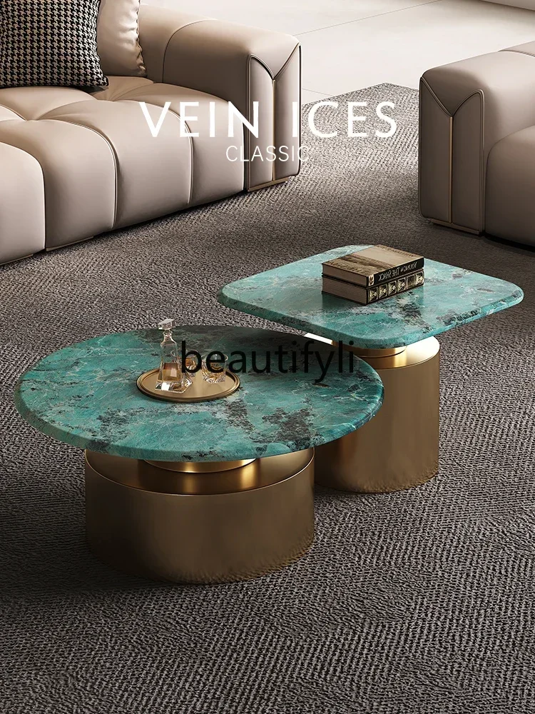 

12Light Luxury Glossy Marble Side Coffee Table Set Stainless Steel Living Room Small Apartment High-End Modern Minimalist