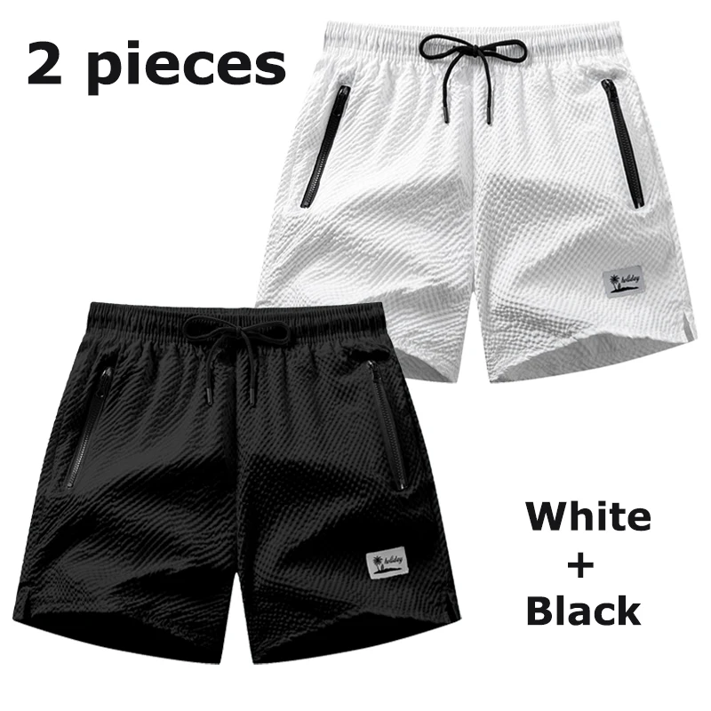 Herren Seersucker Strandshorts mit Netzeinsatz Sommer Casual Boardshorts mit Reißverschlusstaschen Schnelltrocknende Badeshorts Schwimmhose