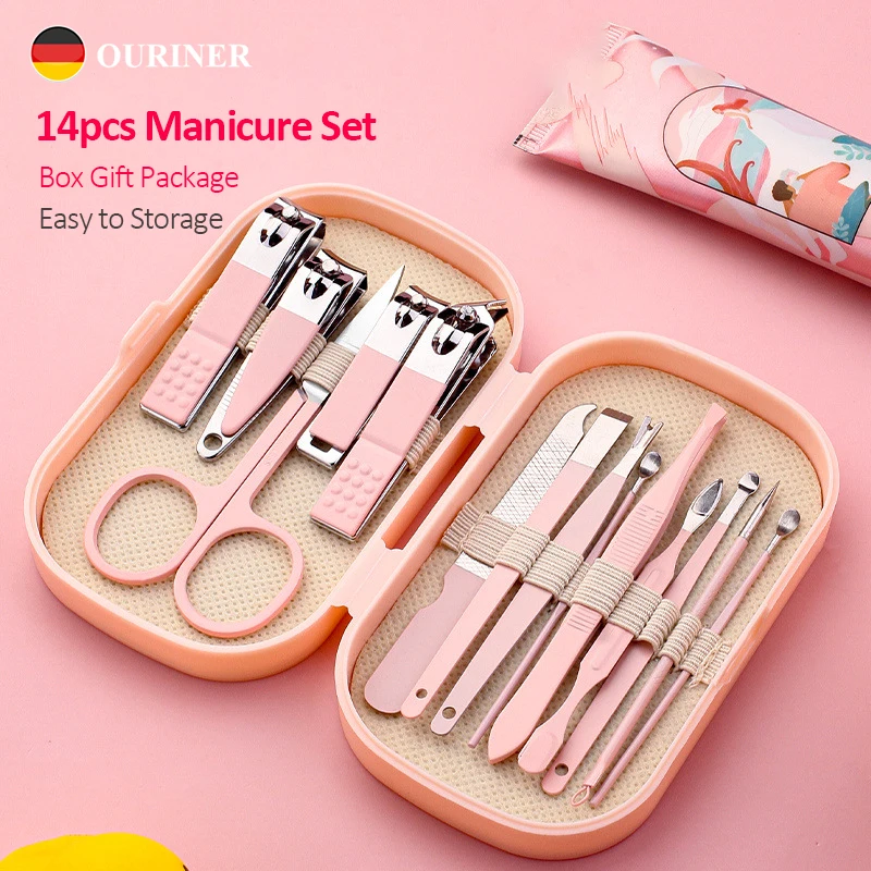 Set de lujo de 14 piezas de manicura y pedicura en acero inoxidable rosa y azul, tijeras, cortaúñas, cuchara para oídos, para hombres y mujeres 2
