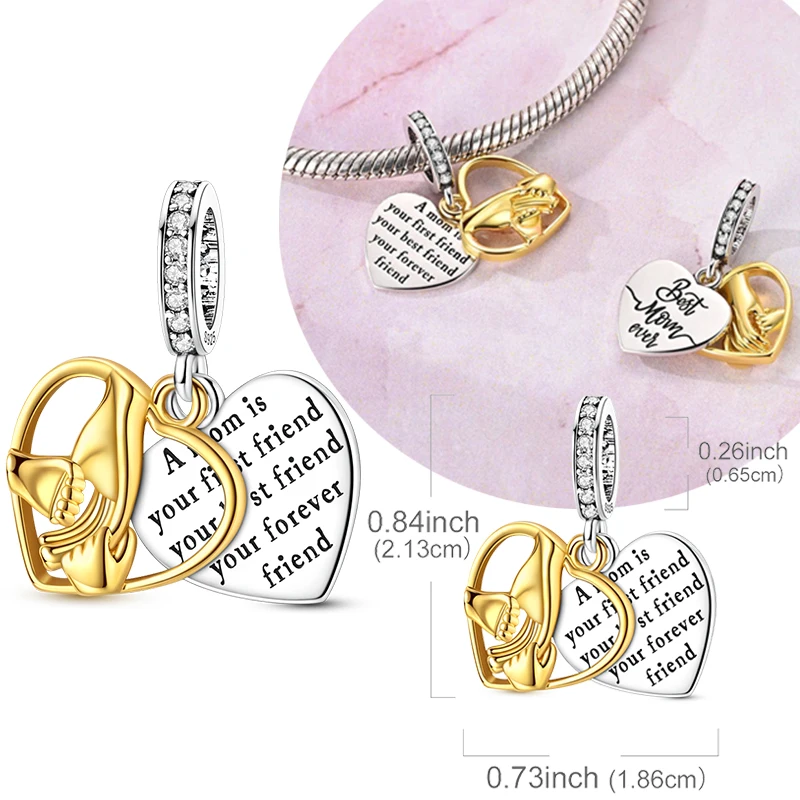 Original 925 Sterling Silver Charms Hold Hands with Mom Heart Engraving Pendant Fit Original Bracelet For Women DIY Jewelry Gift