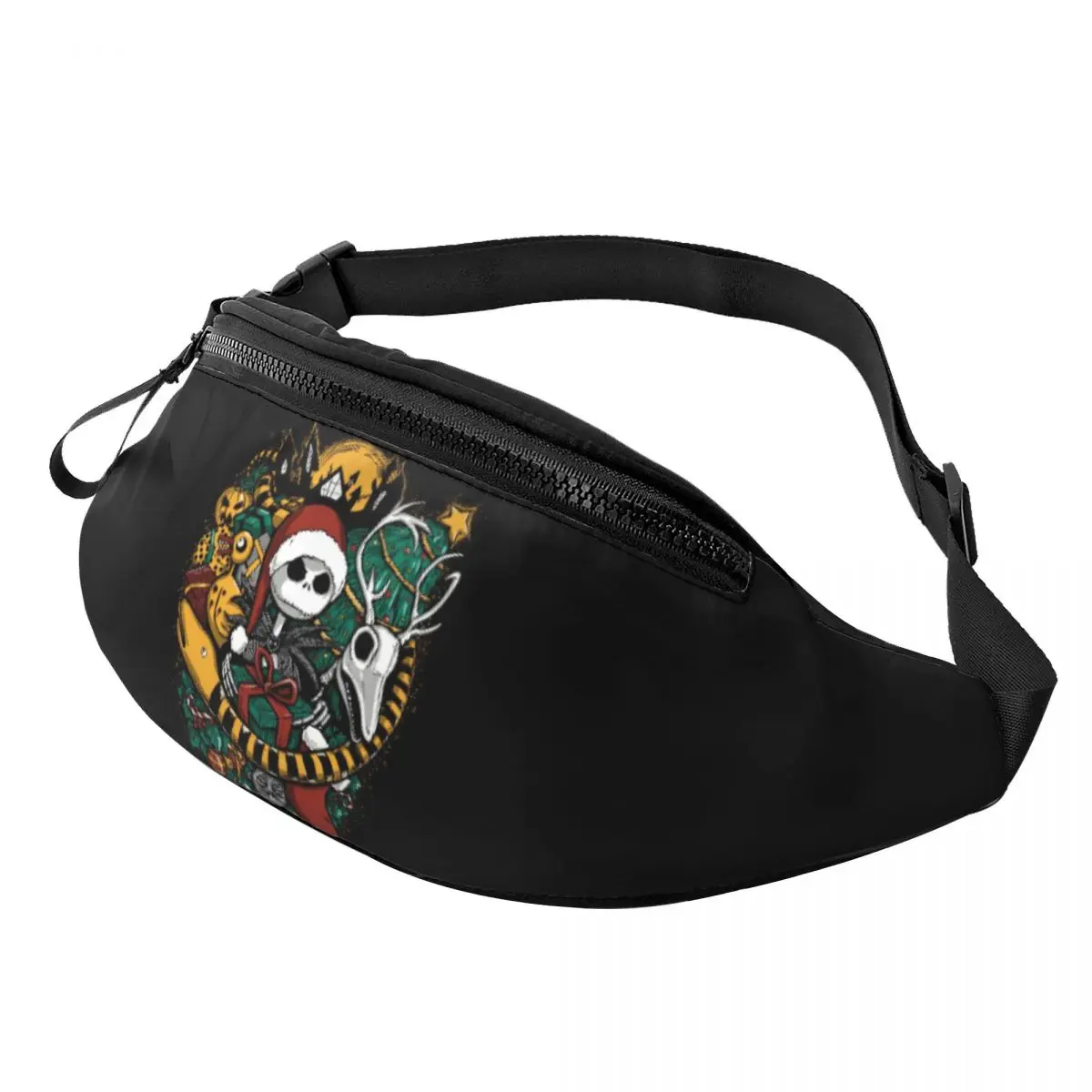 

Custom Jack SkellingtOn Pumpkin King Fanny Pack Women Men Casual Crossbody Waist Bag for Camping Biking Phone Money Pouch