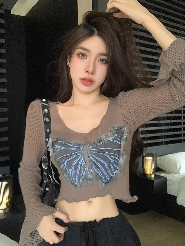 Patchwork Jeans Butterfly Knitted Crop Top Vintage Y2k Long Sleeve Tee Shirts Hollow Out Harajuku Streetwear Women's T-shirt 