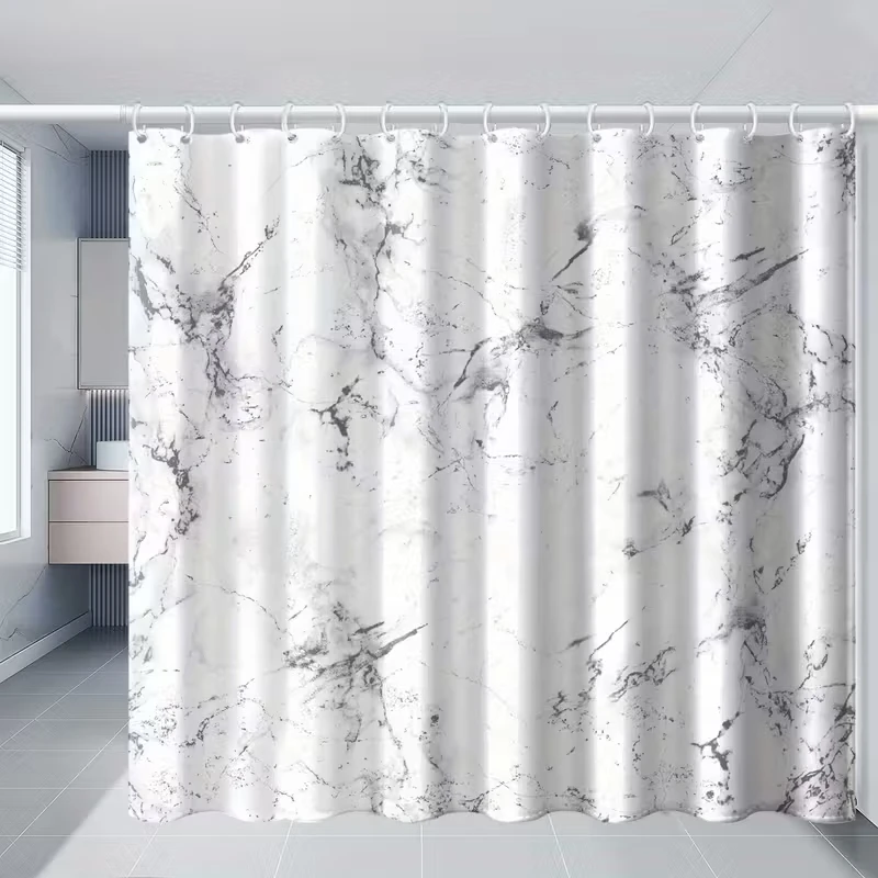 

VIKAMA Luxury Marble-Effect Shower Curtain Grey-White Veined Design Wet/Dry Separation Bathroom Shower Screen Home Decor