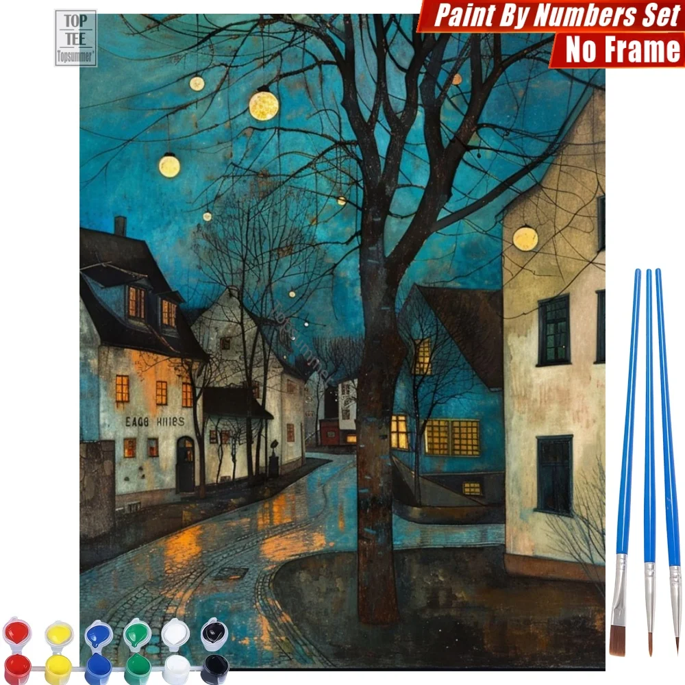 

Night Wet Street Digital Oil Paints Kit - Crescent Moons Reflections Abstract Wall Art Halloween Gift For Teen