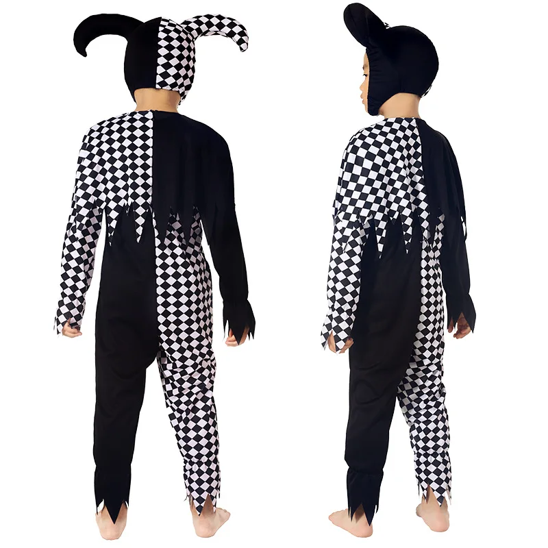 Kids Circus Black White Patchwork Jumpsuit Hat Set Boys Girls Carnival Clown Role Play Halloween cosplay Costumes Stage Outfits