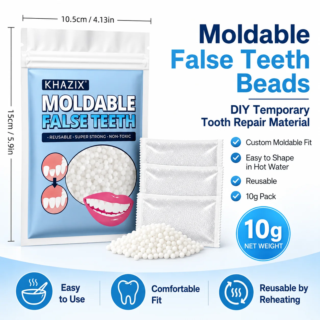 10g Temporary Teeth Beads DIY Cosmetic Smile Fix Moldable White Beads Easy to Shape for Natural-Looking Teeth