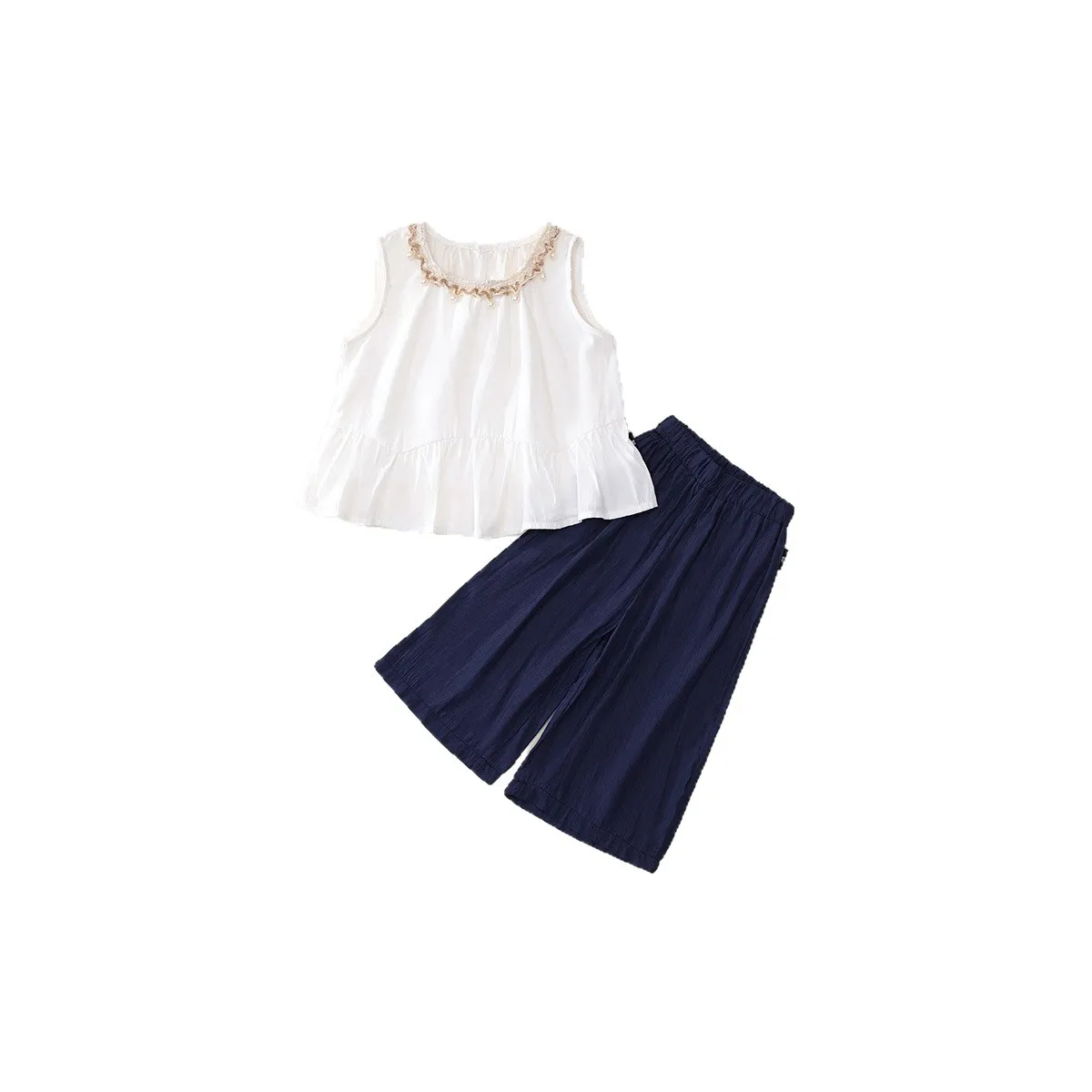 

Girls Ethnic Style Casual Vest Top And Navy Blue Wide-Leg Pants Set Summer 2025 Children's Outfit