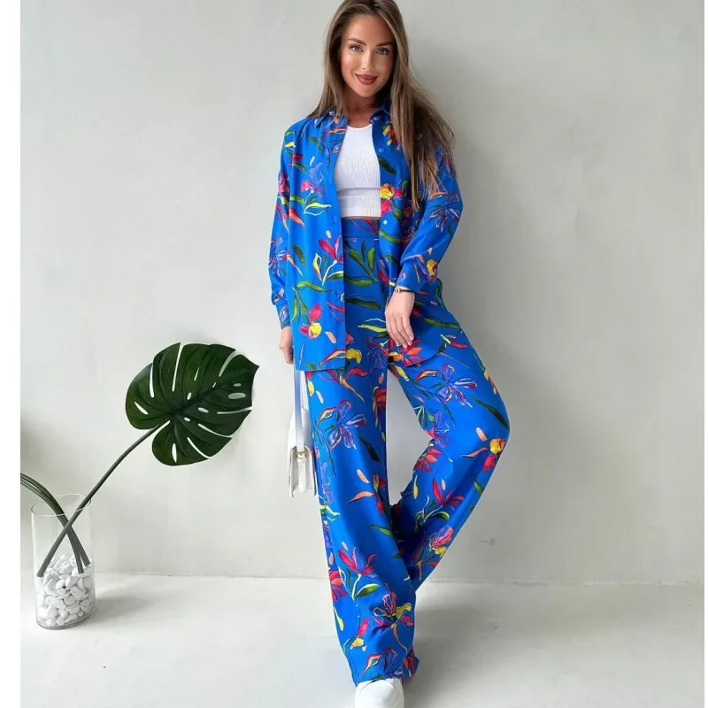 Women Tracksuit Two Pieces Set Long Sleeve Single Breasted Turn Down Collar Print Pockets Wide Leg Pants shirts matching sets