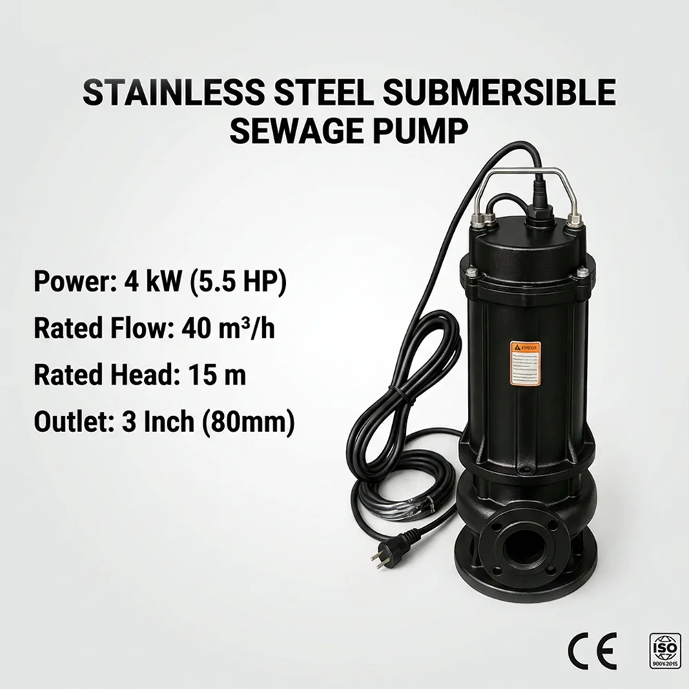 3Inch 5.5HP Submersible Sewage Pump, 40m3/h Flow 15m Head Non-clogging Cast Iron Drainage Pump For Septic Tank And Pool