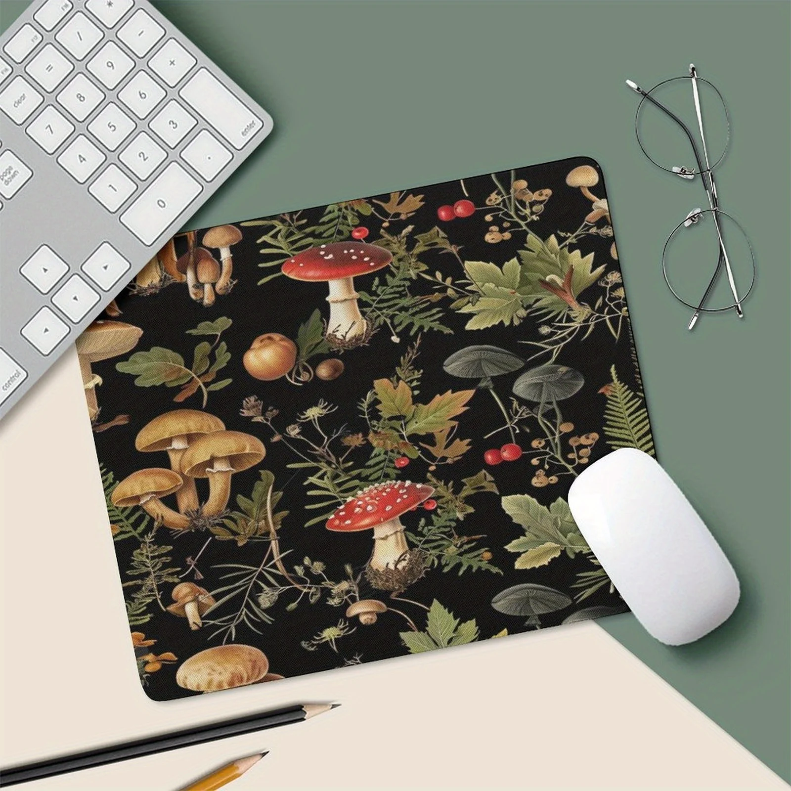 The mushroom forest pattern-themed mouse pad with an anti-slip rubber base is small and suitable for offices and gamers