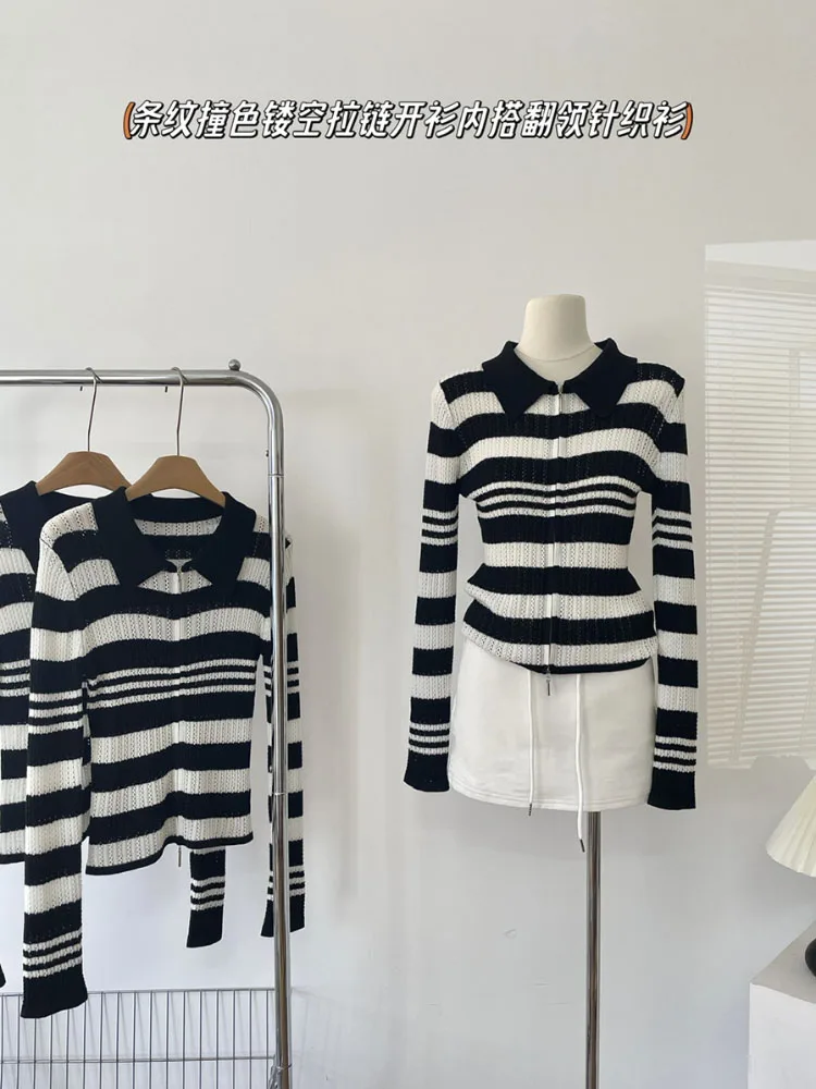 

y2k Retro Striped Slim-fit Sweater Preppy Long-Sleeved Fashion Streetwear Design Sense Knit Cardigan Warm Casual New Top
