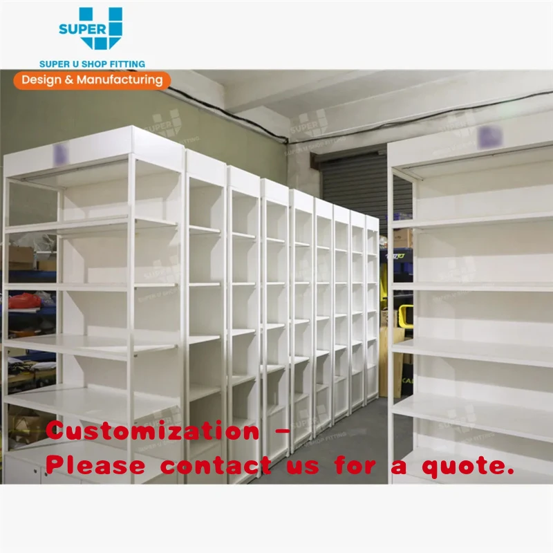 custom.Custom Retail Shop Display Shelves Commercial Retail Store Furniture Products Showcase White MDF Metal Shelf