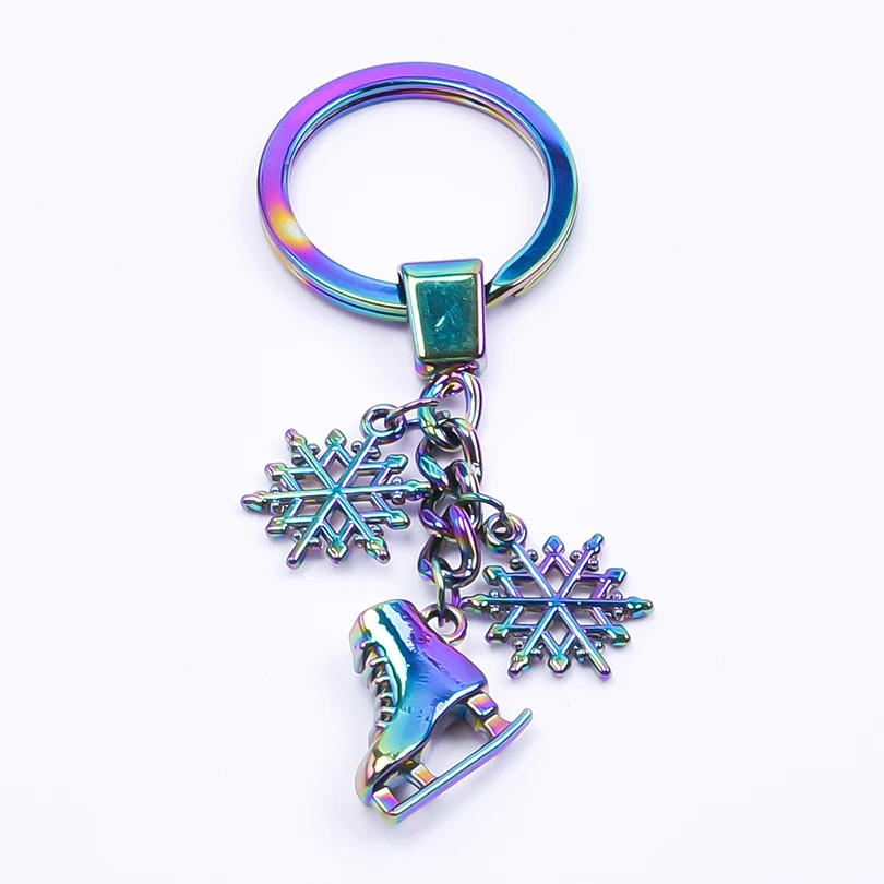 Punk Rainbow Figure Skating Snowflake Keychain for Jewelry Accessories Metal Keyrings Bag Car Key Alloy Pendant Trendy Trinket