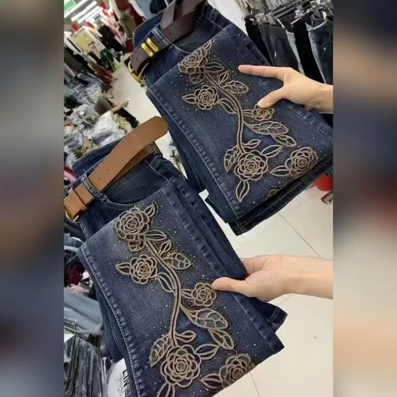 Spring Summer New Heavy-duty Embroidered Rhinestone Jeans Women High-quality Elastic High-waisted Slimming Slightly Flared Pants