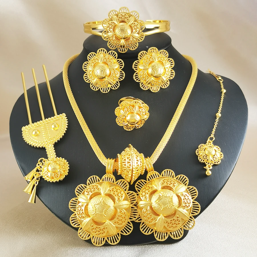 Dubai 24K Gold Plated Jewelry Set for Women African Bridal Necklace Earrings Bangle Hair Fork Ring Nigerian Wedding Party Gift