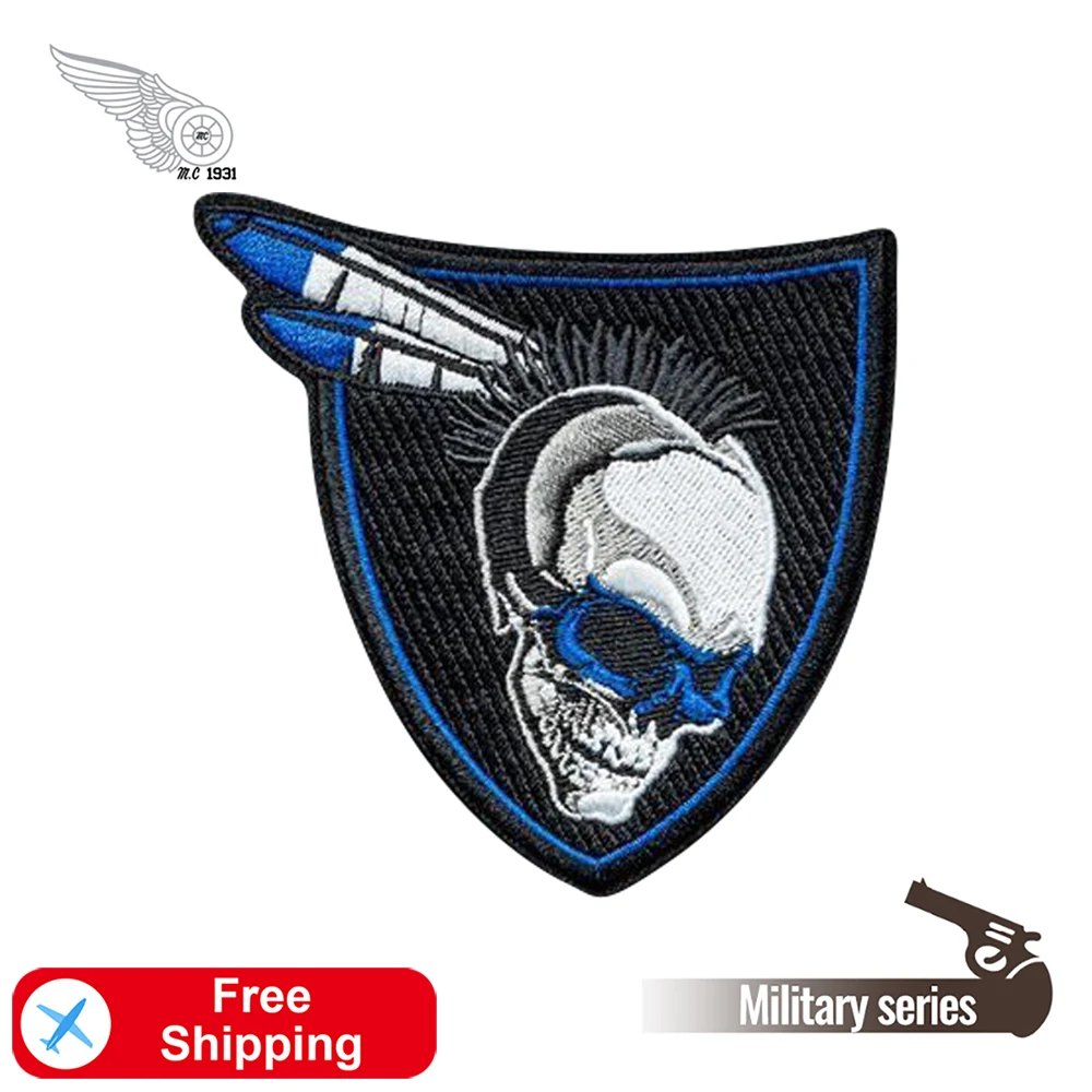 Blue Indian Skull Military Embroidered Patches for Clothing Iron on Apparel Accessories Cool MC Bikers Arm Patches Jackets DIY