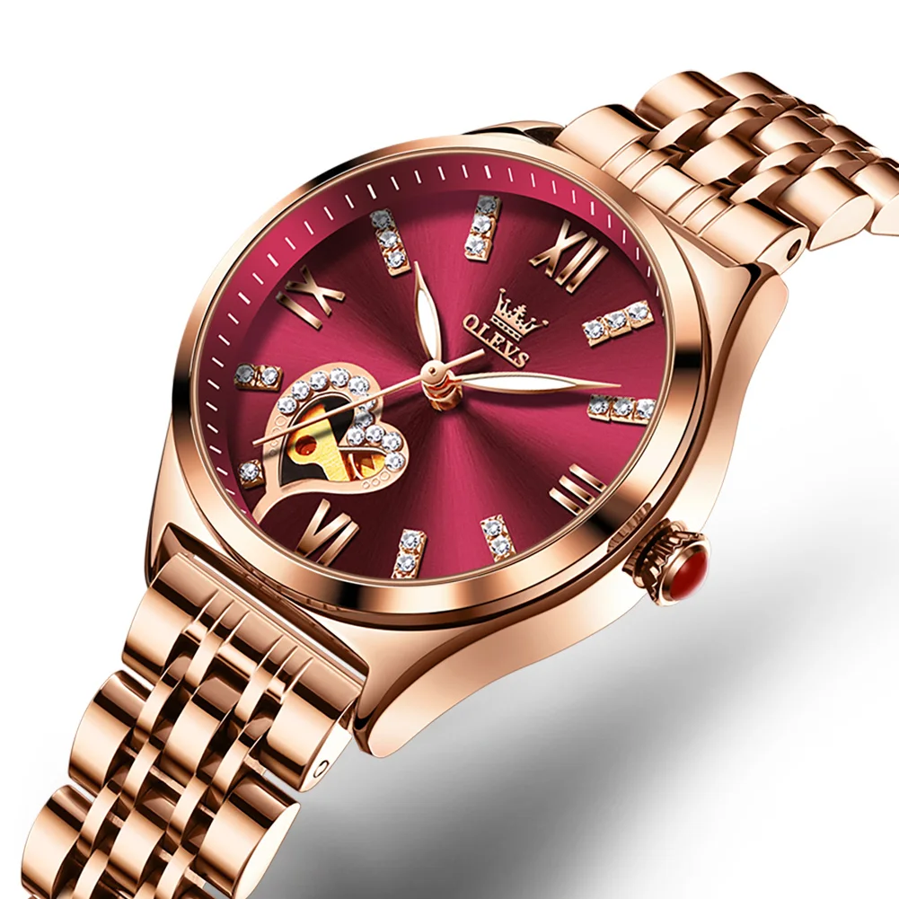 OLEVS Brand Luxury Fashion Red Dial Automatic Mechanical Watches For Women Waterproof Steel Ladies Watch reloj para mujer