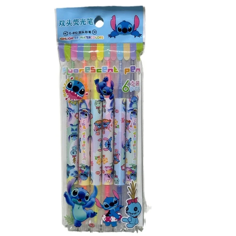 6pcs Disney Stitch Stationery Set for Students Multifunctional Double-ended Highlighter Portable School Supplies Mini Marker