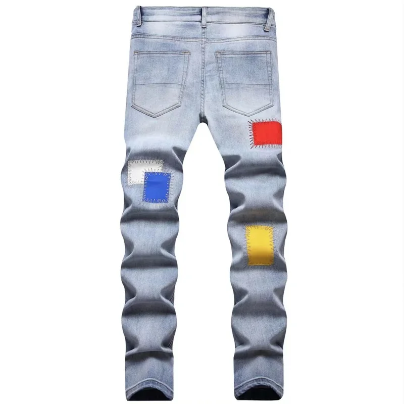 Men\'s Embroidered Jeans Rainbow Square Cloth Pure Cotton Stretch Slim Pants Scraped White Wearable High Street Color Patch 2025