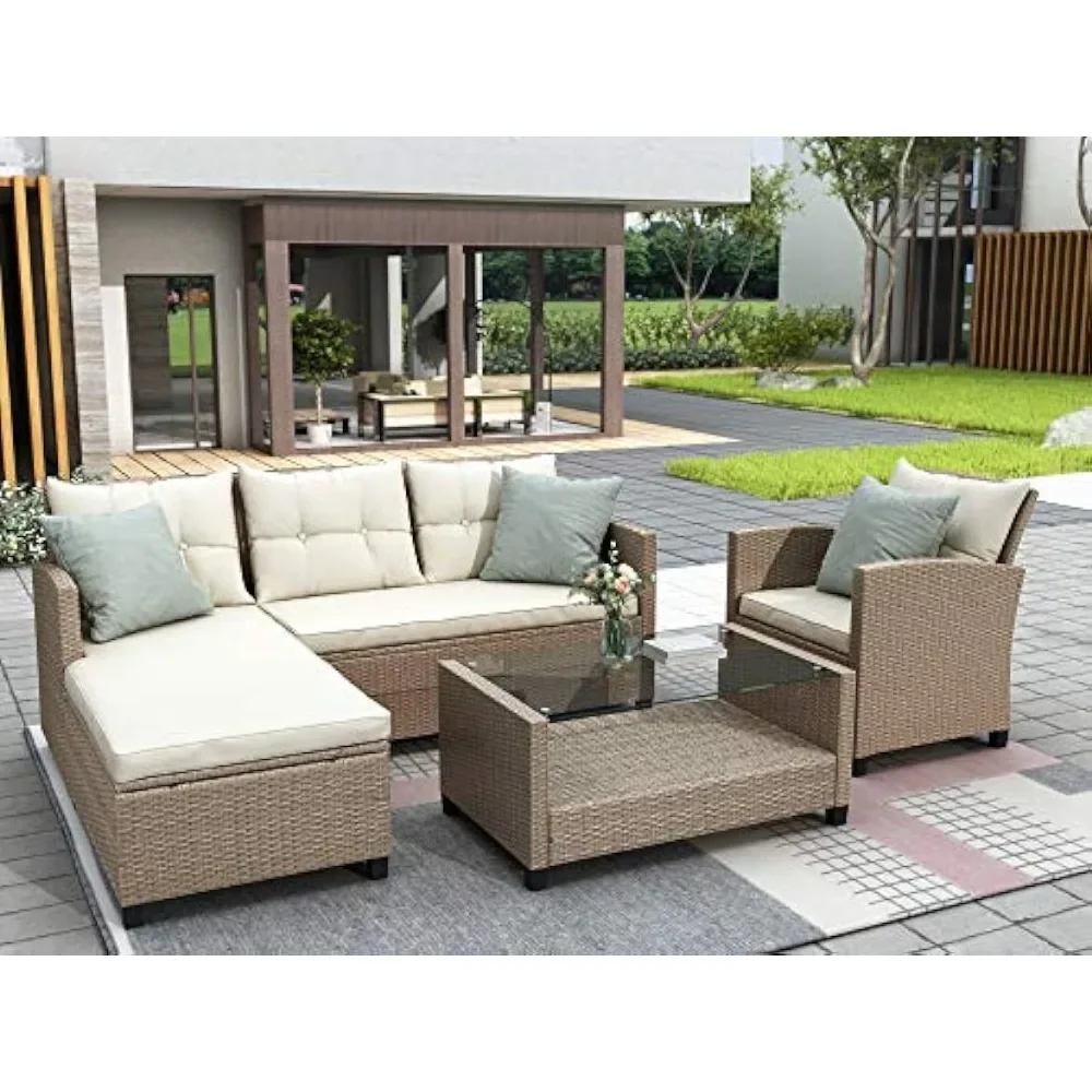 4 Piece Patio Furniture Conversation Set Outdoor Wicker Ratten Sectional Sofa with Seat Cushions, for Garden Backyard, Beige