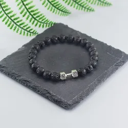 Natural Black Volcanic Lava Stone Dumbbell Bracelet Men Matte Obisidian Beads Bracelets for Women Body Slimming Barbell Jewelry